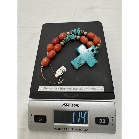 Solid Turquoise Cross Necklace Coral and Sterling Nuggets Heishi Beads 22" 114 g - Picture 5 of 13